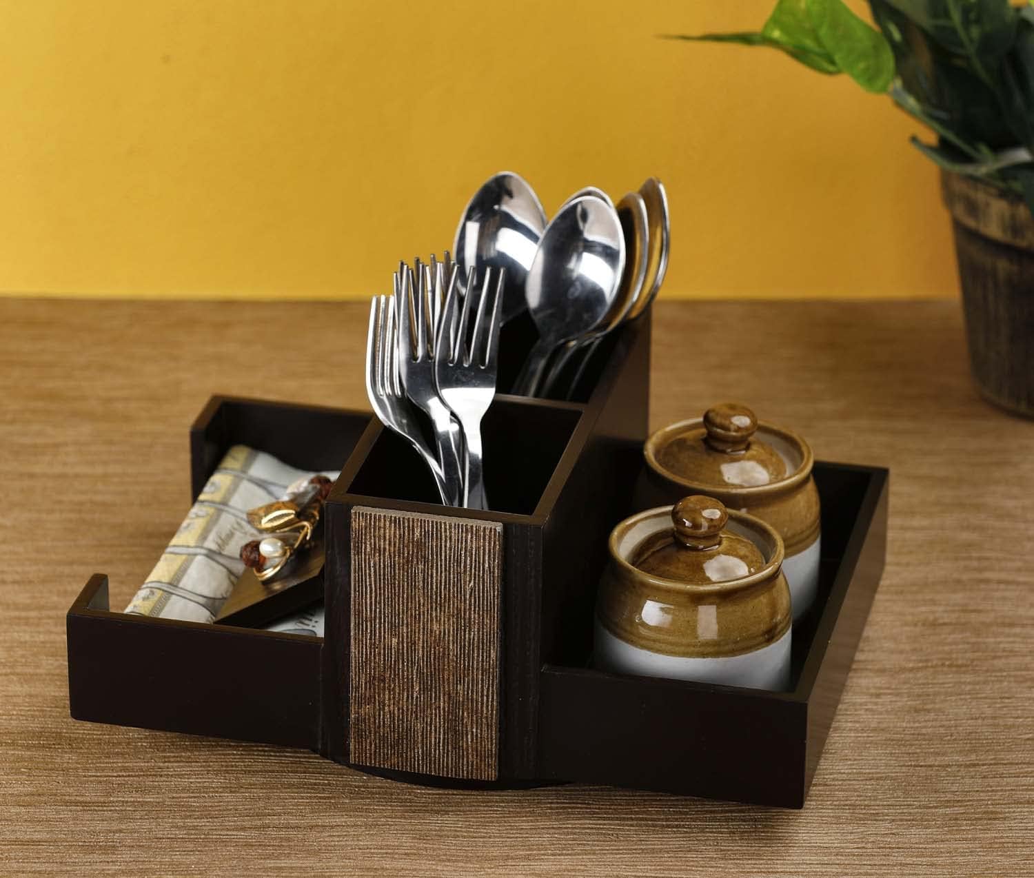 COCKTAIL Designer Wooden MDF Achaar Dining Table Organizer Multiuse Cutlery Holder Napkin Stand Tissue Slot Compact Rotating Spoons and Forks Holder Stand-Brown/Gold (Revolving Aachar Organizer)