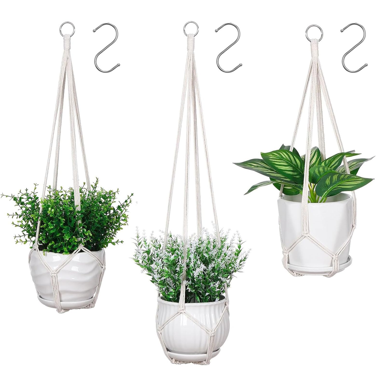 Suspensions pour Plantes en Macramé Lot de 3, Crochets Inclus, Support Intérieur Extérieur, Style Boho, Ivoire