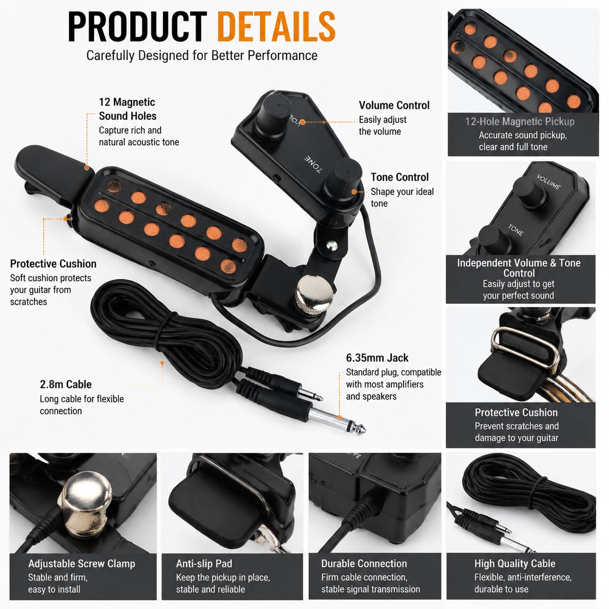 Pickup Chitarra Acustica 12 Fori Metal Magnetic Guitar Transducer Sound Pickups con kit di Accordatura del Volume e Cavo di Amplificazione per chitarra acustica e ukulele
