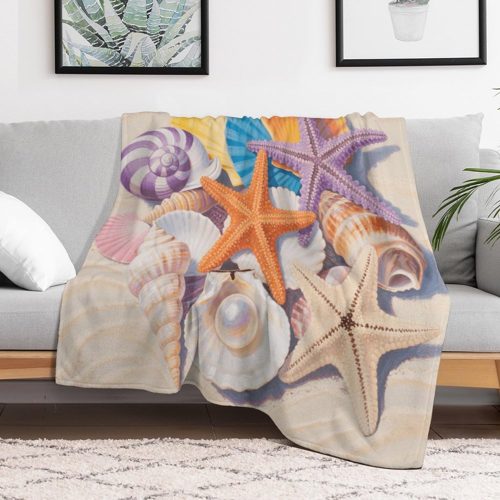 Custom Colorful Seashell and Starfish Blanket Lightweight Flannel Fleece Throw for Couch Sofa Bed Luxury Soft Cozy Plush Lap Bedtime Blanket for All Seasons Bedroom Home Decor Gifts 50x60