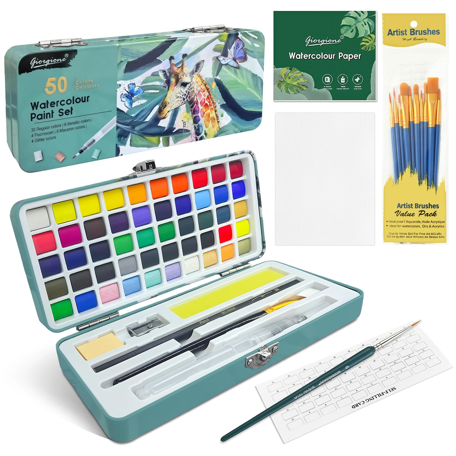 flintronic 50 Watercolour Paint Set, Portable Box Including, Palette, Watercolor Papers Brushes & other Tools, Travel Watercolour Set for Artists