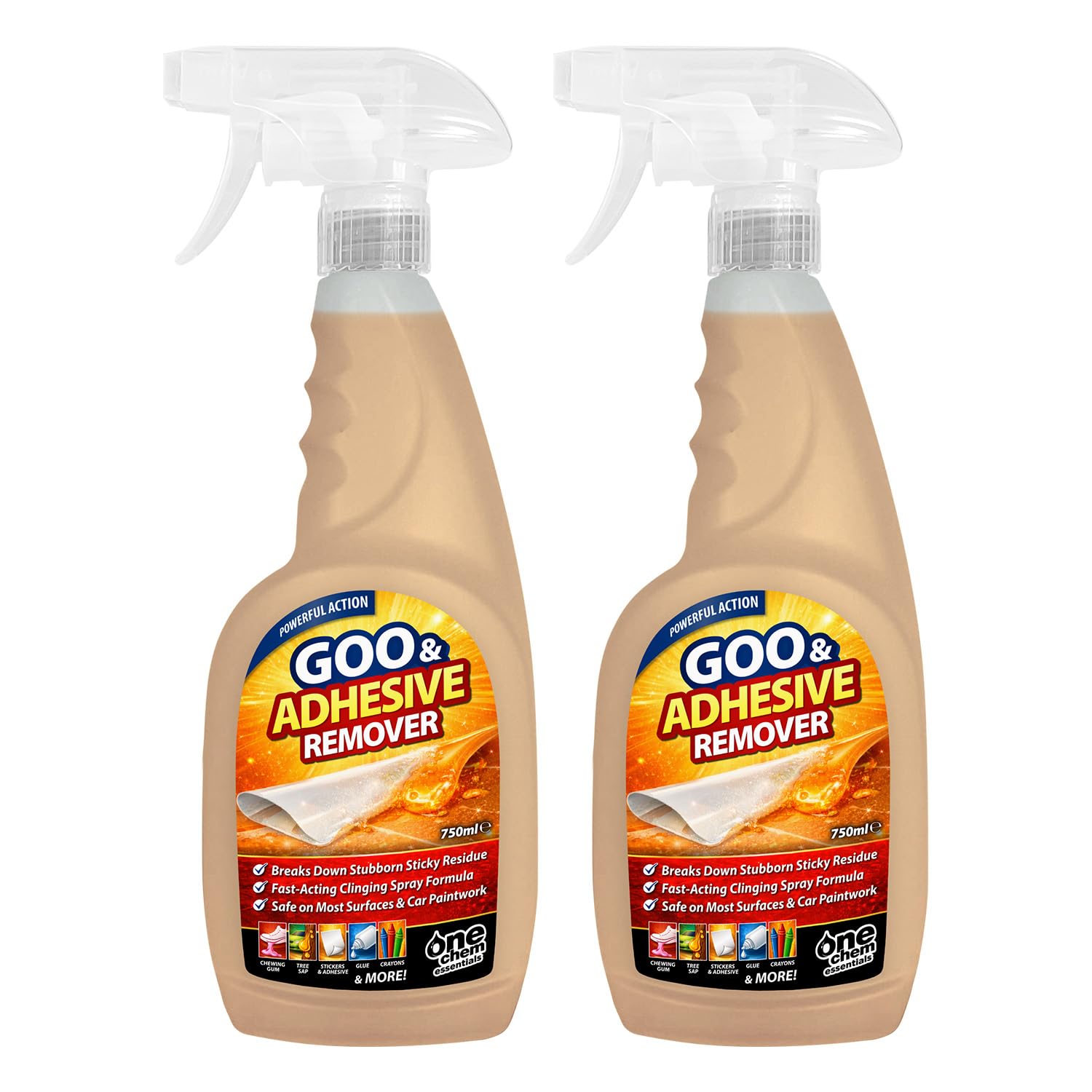One Chem Goo & Adhesive Remover, 2 x 750ml, Fast-Acting Clinging Spray Gel, Safe on Most Surfaces & Car Paintwork