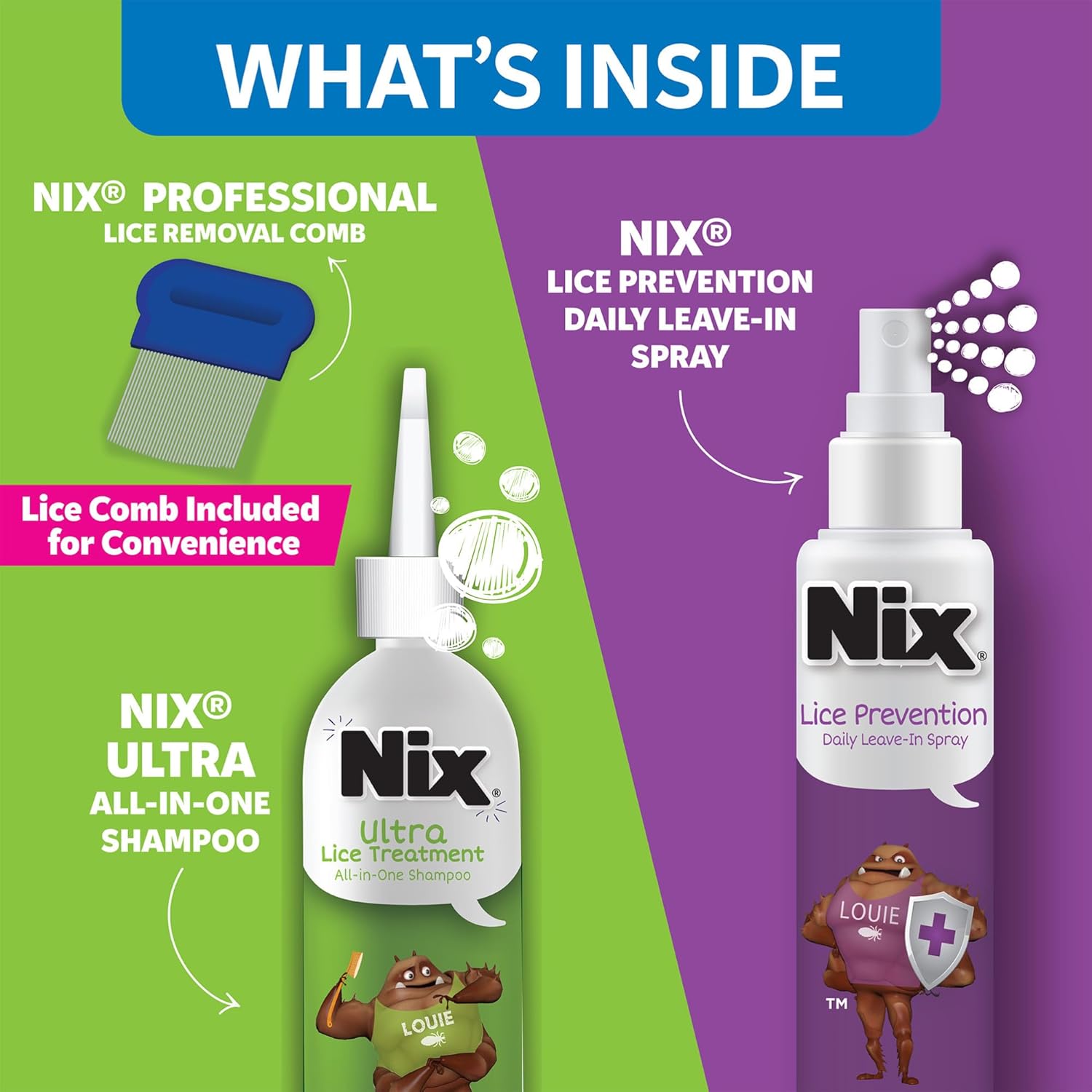 Nix Lice Treatment & Prevention Kit, All-in-One Shampoo, 4 fl oz, with Lice Removal Comb and Lice Prevention Daily Leave-in Spray, 6 fl oz