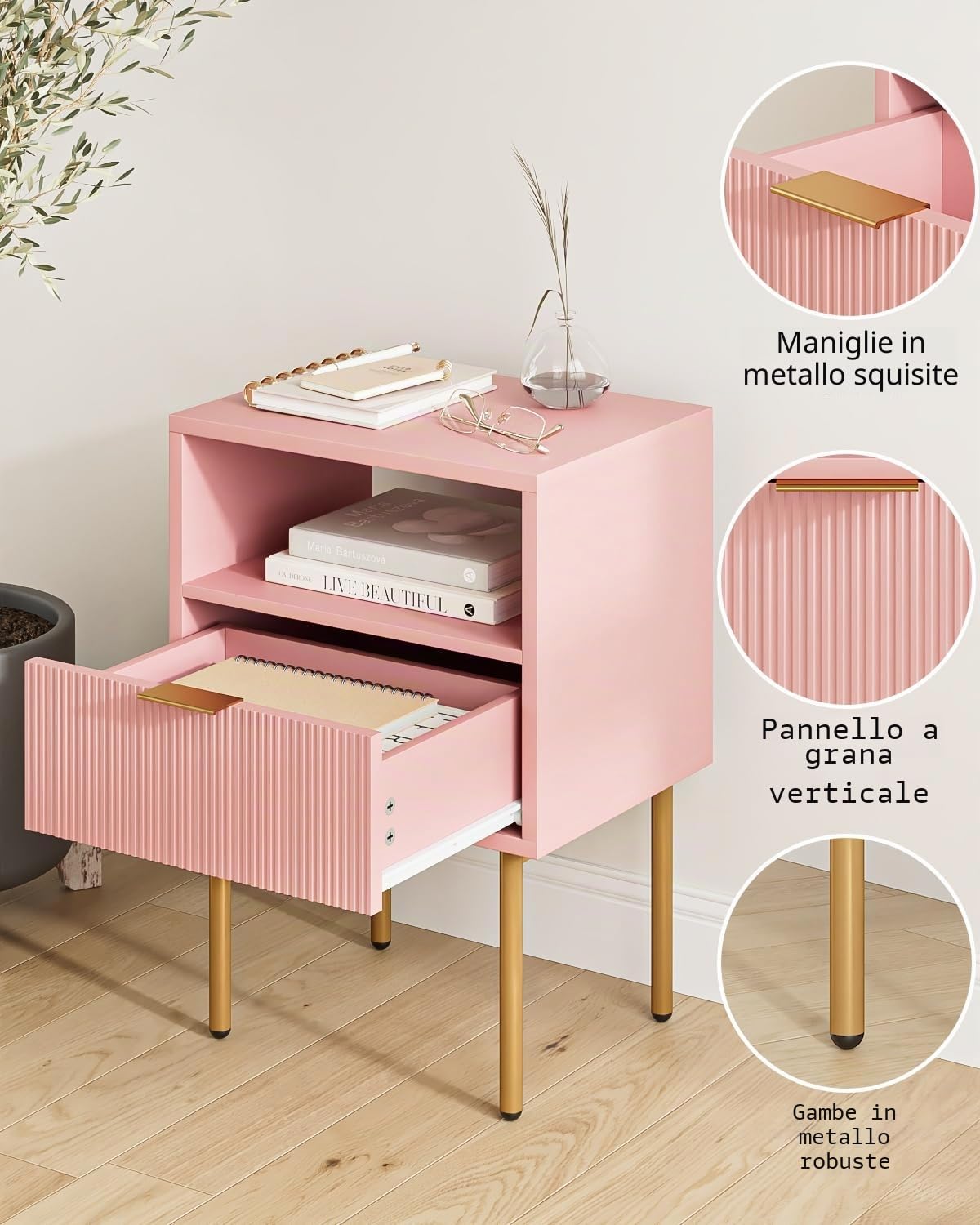 HEYZOEY Comodino, comodino con 1 ripiani aperti e 1 cassetto, comodino moderno, per camera da letto, soggiorno, rosa