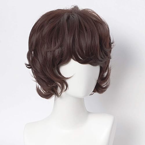 Miniatura 7 de Alacos Peluca corta rizada marrón para hombre, peluca tubbo cosplay con una gorra de peluca gratis, pelucas de cabello corto con flequillo, pelucas
