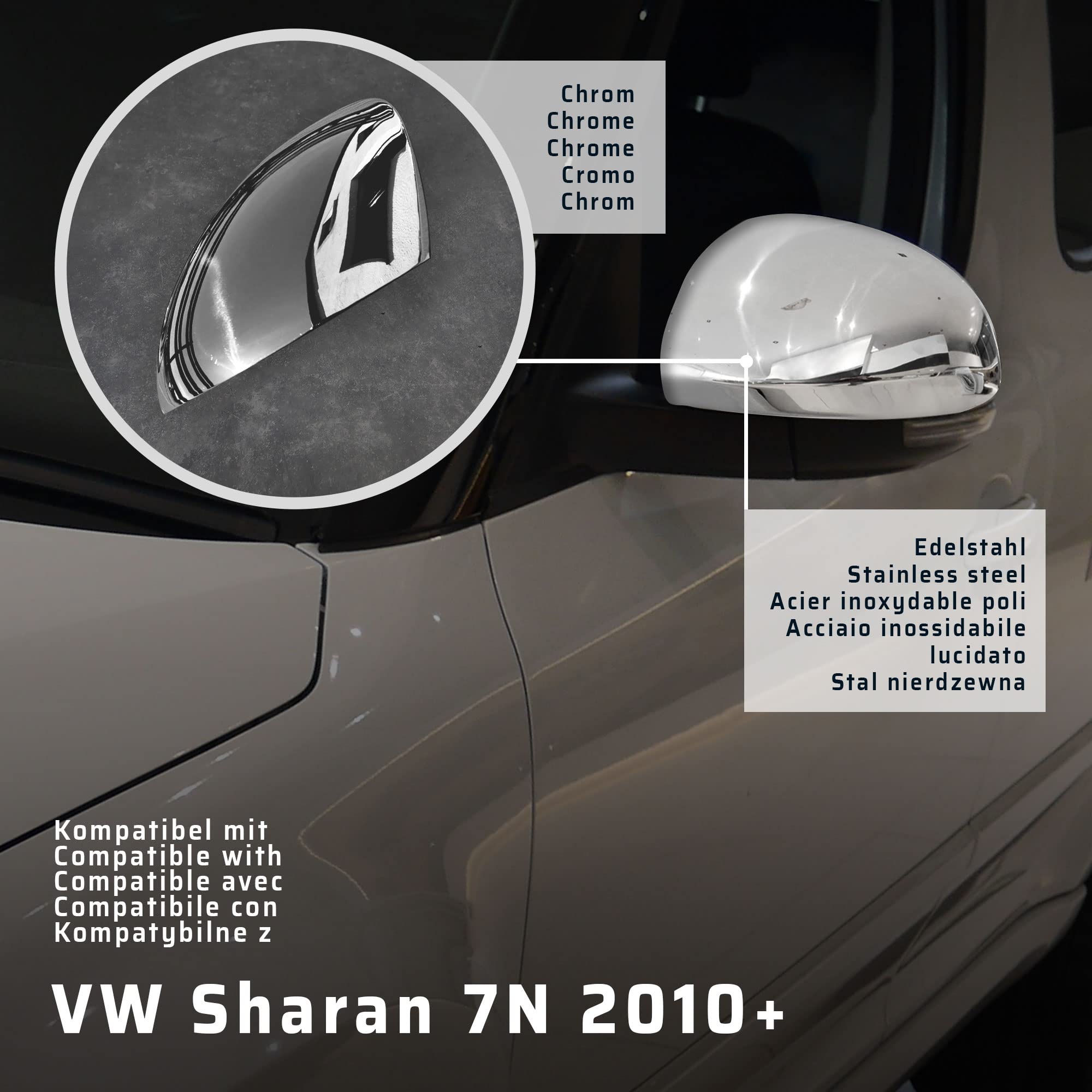 CHROMEMASTER | Nakładki na Lusterka Zewnętrzne | Kompatybilne z VW Sharan 7N od roku 2010 | Stal nierdzewna; Osłony Lusterek to Niepowtarzalny Wygląd Auta i Ochrona Przed Uszkodzeniem