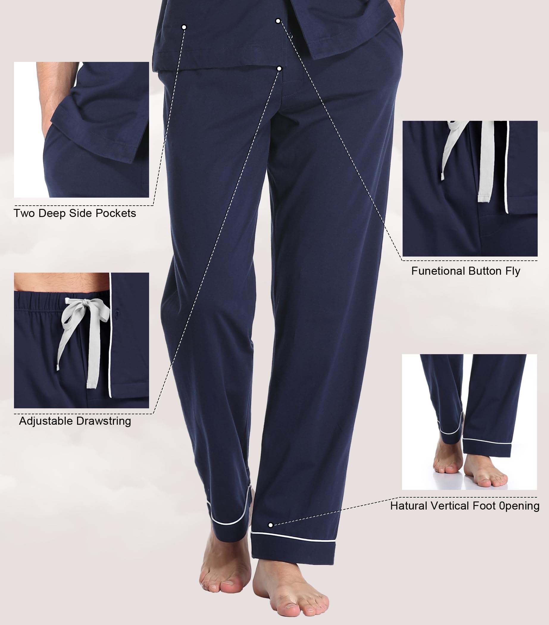 Dresmannst COLORFULLEAF Herren Schlafanzug-Set aus 100% Baumwolle mit Knopfleiste und kurzen Ärmeln und Langen Hosen, A-Navy blau