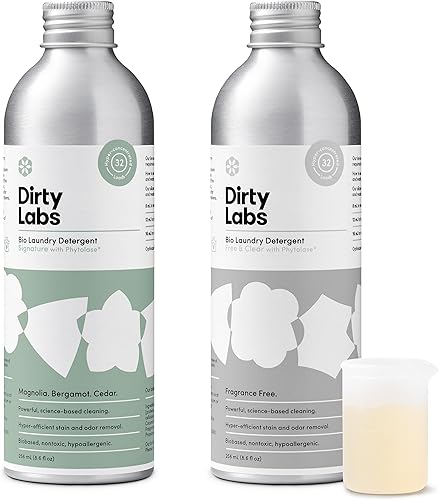 Dirty Labs  Kit de iniciación de detergente bio-líquido  Firma y libre y transparente  2 cargas de 32 (8.6 fl oz)  Hiper-concentrado  Alta