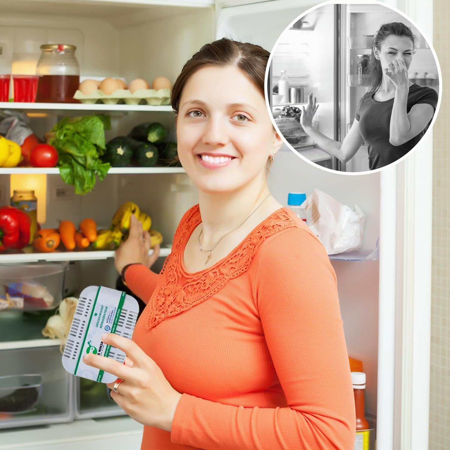 Fridge Ninja Désodorisant et désodorisant pour réfrigérateur – Charbon actif naturel non parfumé, dure 12 mois, éliminateur d'odeurs, absorbeur de parfum, accessoires de réfrigérateur pour la