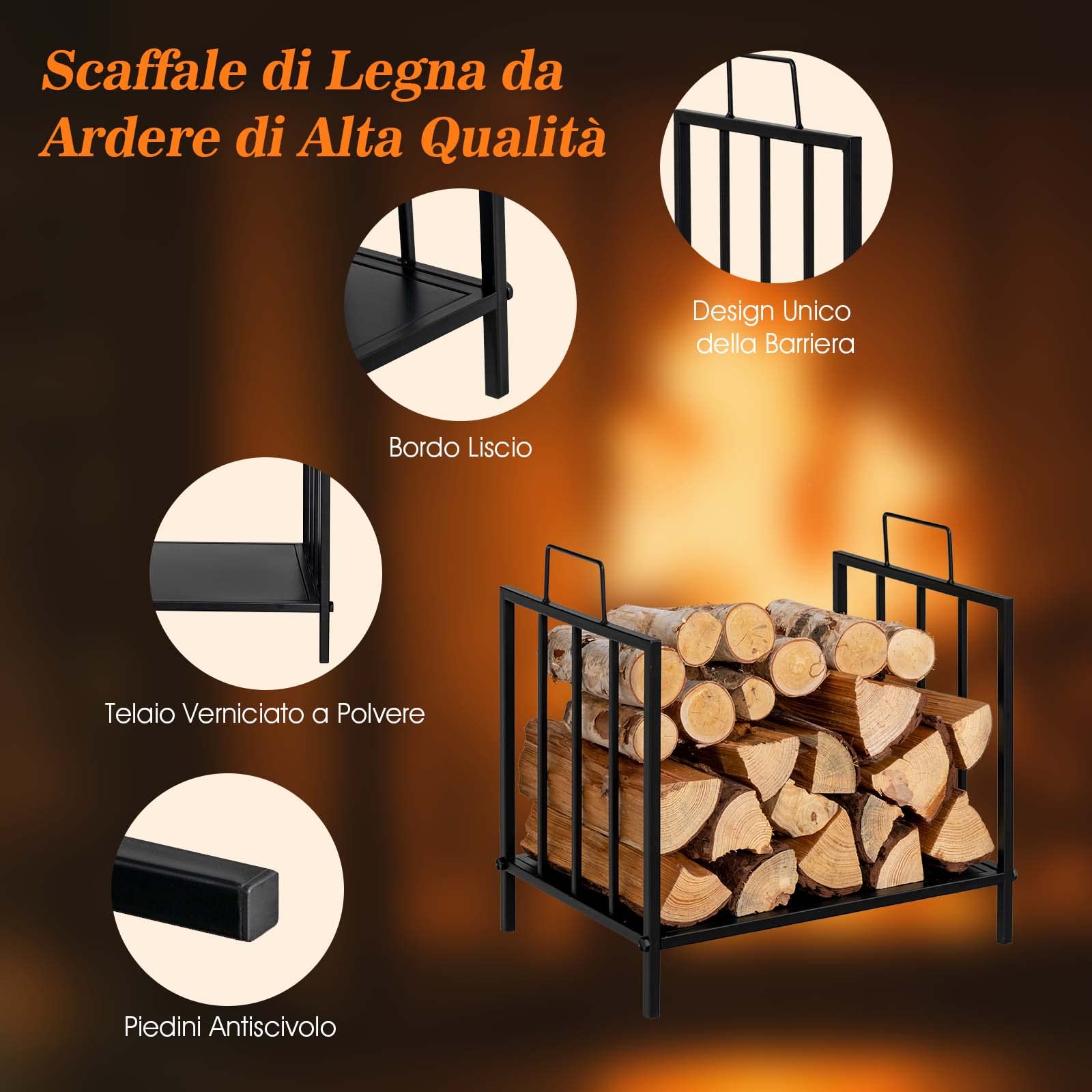 COSTWAY Porta Legna per Interni ed Esterni, Porta Legna per Camino con Comoda Maniglia e Piedini Rialzati, Portalegna da Ardere per Caminetti, Stufe e Focolari, Portata 50 kg (46 x 31 x 46 cm)