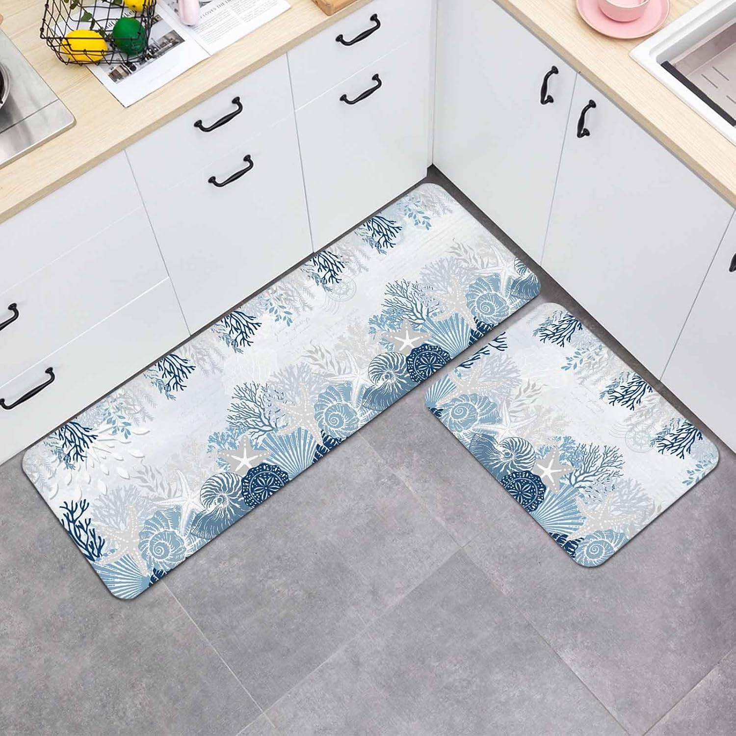Summer Marine Life Kitchen Mats Set of 2 Ocean Coral Coastal Starfish Sand Dollar Non Slip Mat Washable Floor Rug for Kitchen Sink Floor Laundry, 15.7"x23.6"+15.7"x47.2"