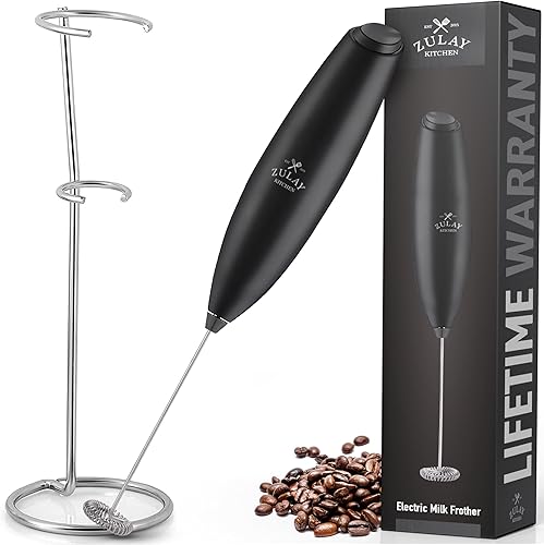 Zulay Potente espumador de leche para café con motor de titanio mejorado Exec Black- Batidor eléctrico de mano, mini mezclador con soporte de
