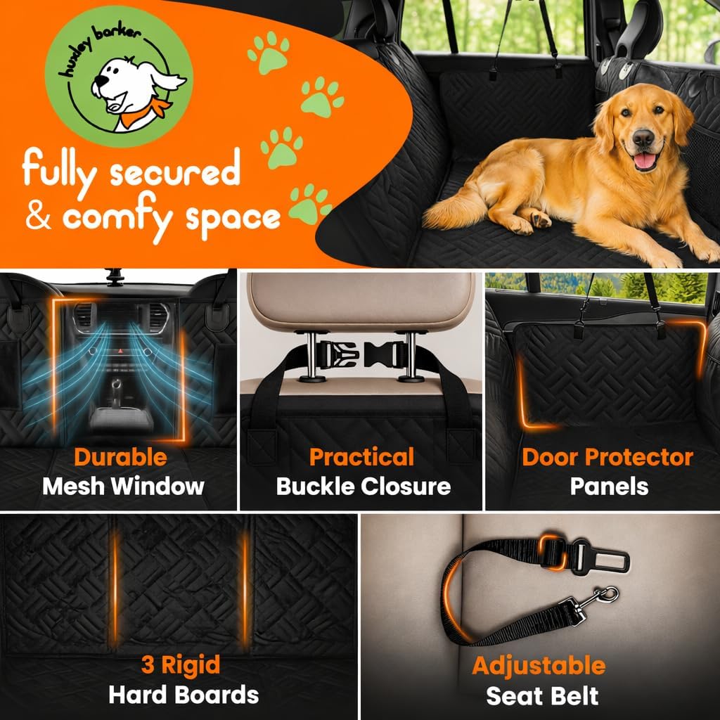 Car Back Seat Extender for Dogs – 40% Extra Space, 600D Oxford Waterproof Dog Car Seat Cover with Hard-Bottom Bridge, Non-Slip Base, Mesh Window & Storage Pockets – Foldable Design