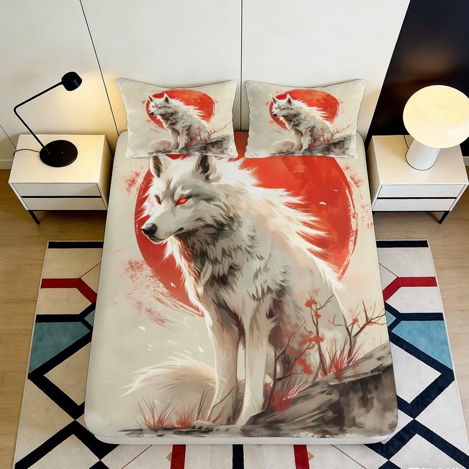3D Printed White Wolf Pattern Fitted Sheet Microfiber Deep Pocket Bedroom Bedding Full Wrap White Wolf Mattress Fitted Cover Washable for Adults Teens 180x200x25cm