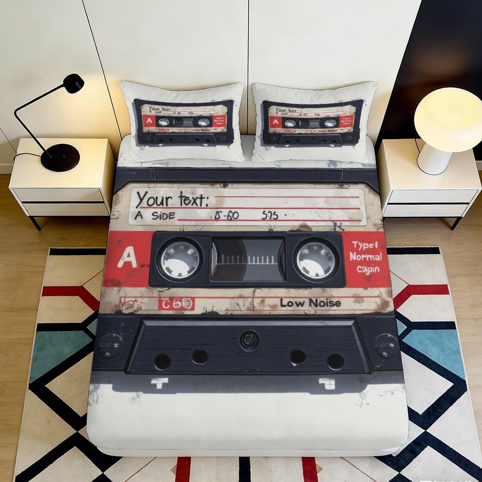 3D Printed Retro Cassette Tape Fitted Sheet Microfiber Soft Breathable Vintage Music Bed Cover for Bedroom Dorm Mattress Decor 90x200x25cm