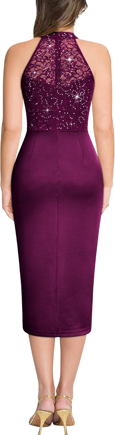 Miusol Women's Sexy Sleeveless Satin Contrast Sequin Lace Bridesmaid Party Dress - Image 2