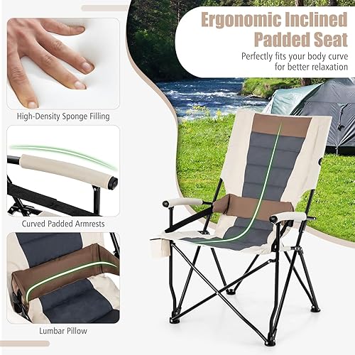 Miniatura 9 de HAPPYGRILL Silla de camping plegable con bolsa de transporte, silla de césped portátil con soporte para tazas, silla de exterior de 330 libras para