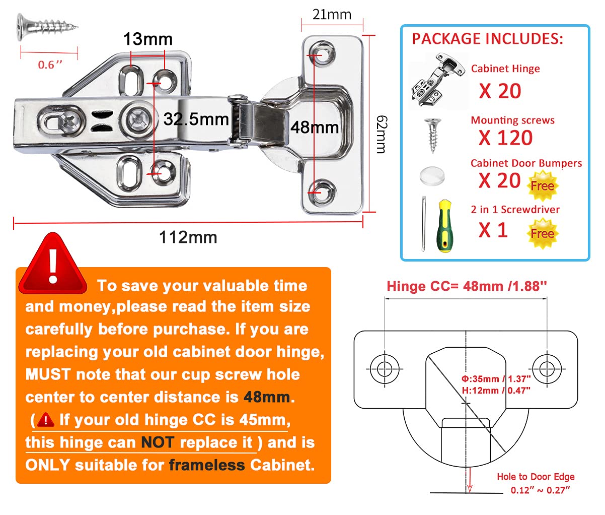 20 Pieces Soft Close Hinge for 1/2" Partial Overlay Cupboard
