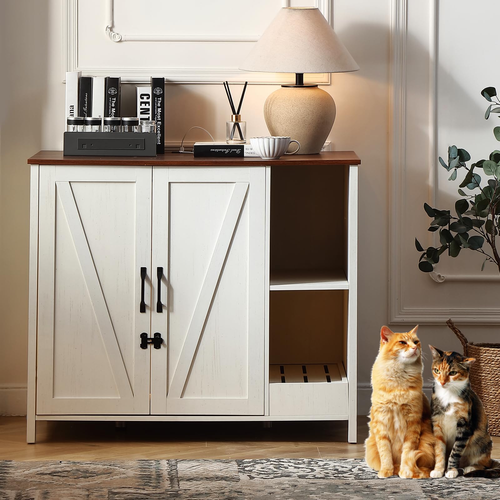 FOREST GRAVITY Cat Cabinet Litter Box Furniture Mobiletto per gatti lettiere Grande lettiera per gatti Arredamento moderno 105 * 68 * 89 cm Casa con porta e divisorio separato Bianco