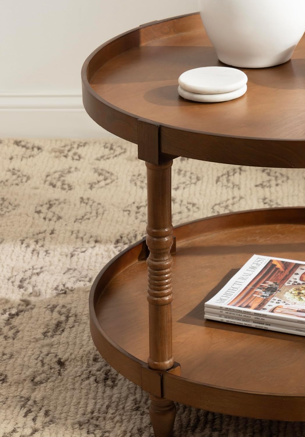 Kate and Laurel Bellport Tiered Round Coffee Table; 29 x 29 x 21; Rustic Brown; Traditional Two-Tier Circle Living Room Table with Storage and Resilient Wood Construction