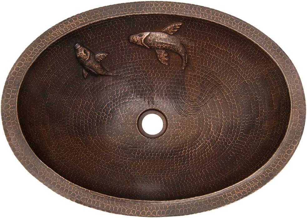 19" Oval Hammered Copper Undermount Sink with Koi Fish Design
