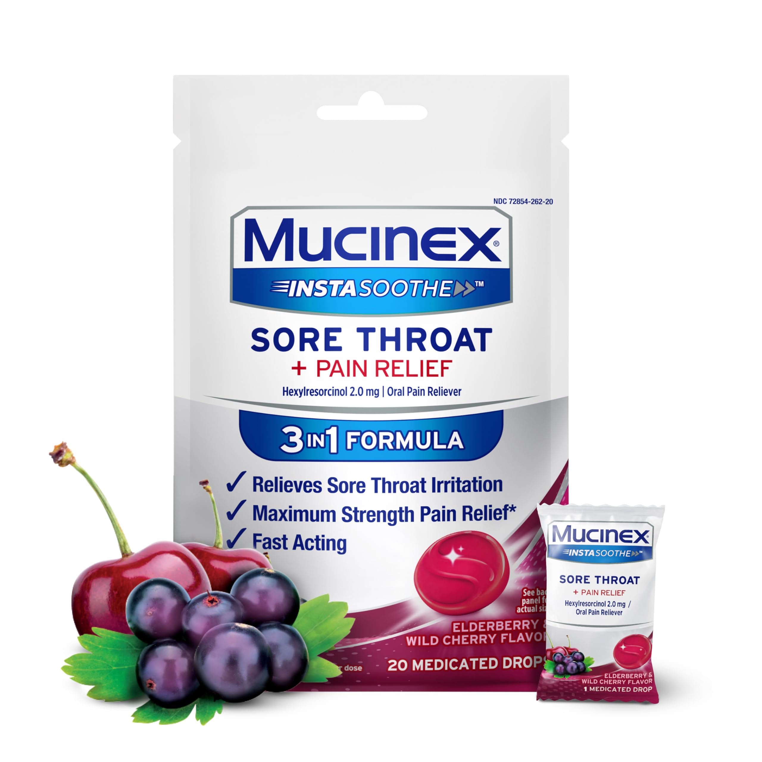 Mucinex Instasoothe Sore Throat Relief, Sore Throat Lozenges, Sore Throat Medicine with Hexylresorcinol, Cough Drops Alternative, 20 Elderberry & Wild Cherry Medicated Numbing Throat Drops