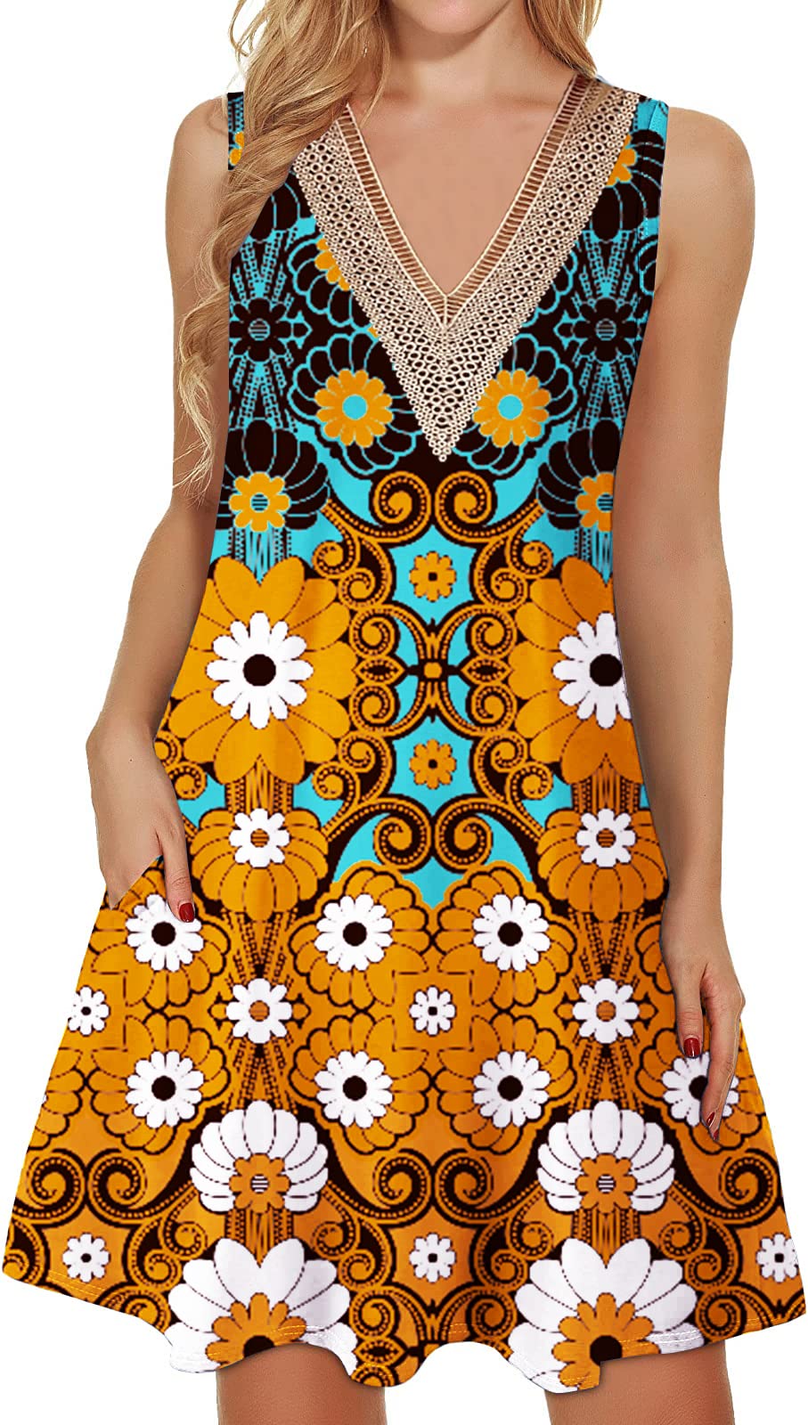 SAUKOLESummer Casual Dresses for Women Sleeveless Tshirt Tank Floral Beach Sundress with Pockets