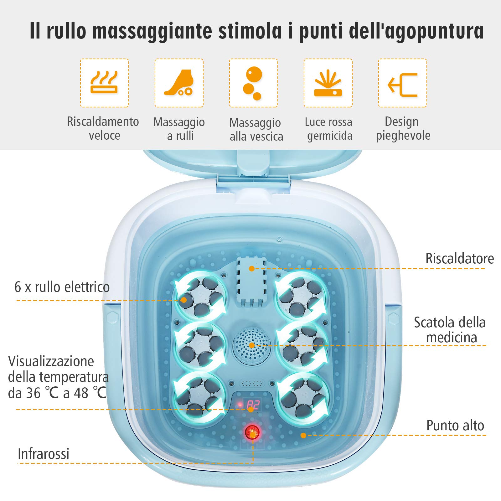RELAX4LIFE Pediluvio Massaggiatore Piedi con Luce Infrarossa, Scalda Acqua Fino a 48°C, Massaggiatore Piedi Pieghevole con Telecomando Portatile, Funzione Calore e Rullo (azzurro)
