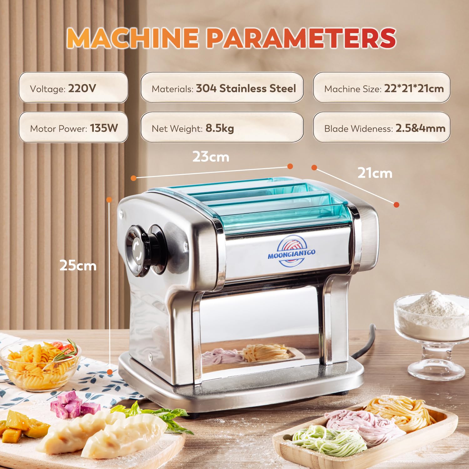Moongiantgo Macchina per la Pasta Elettrica Acciaio Inossidabile, Con 2.5mm Tondo & 4mm Piatto Taglierina, Regolazione dello Spessore a 9 Marce 0,5-5mm, Per Fettuccine, Tagliolini, Ravioli