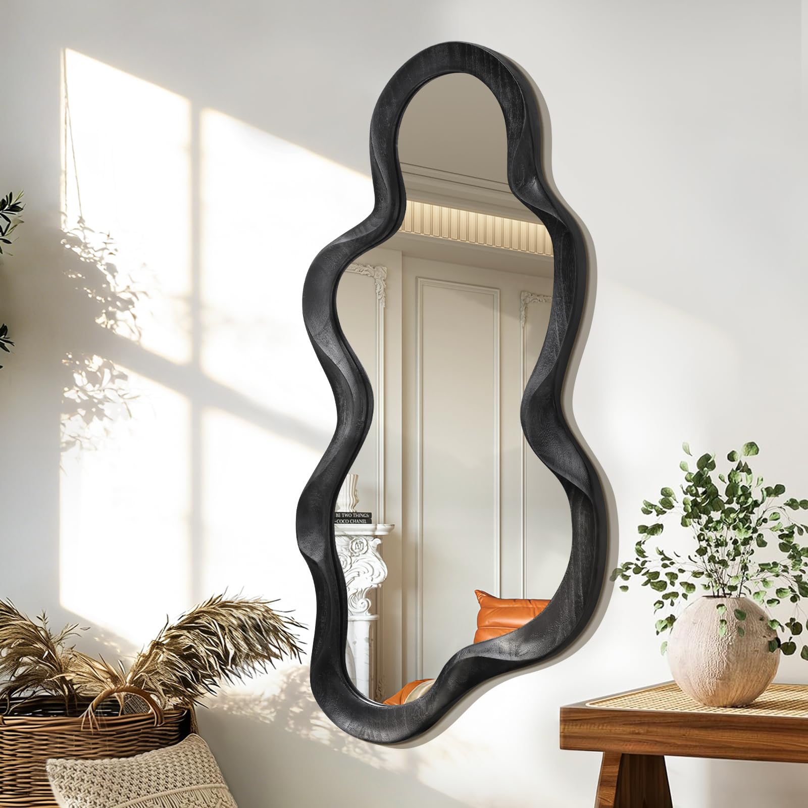 Lzuso Black Asymmetrical Mirror for Wall Irregular Wood Frame Modern Artistic Wall Decorative Vanity Bathroom Living Room Bedroom Entryway Hallway Cute and Stylish Cloud Mirrors Large 76x36cm