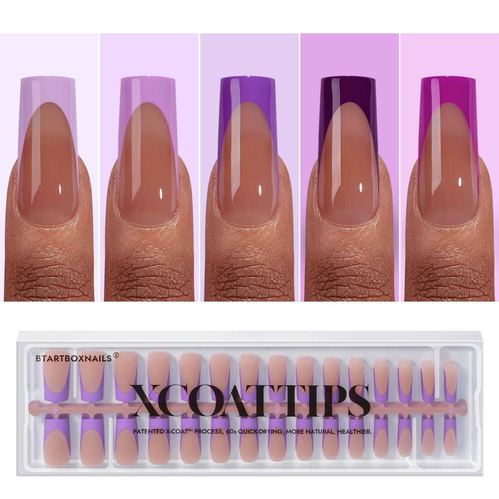 BTArtboxnails XCOATTIPS Purple French Tip Press On Nails - Long Press On Nails Square, Soft Gel Nail Tips, 150Pcs Soak Off Acrylic Brown Fake Nail