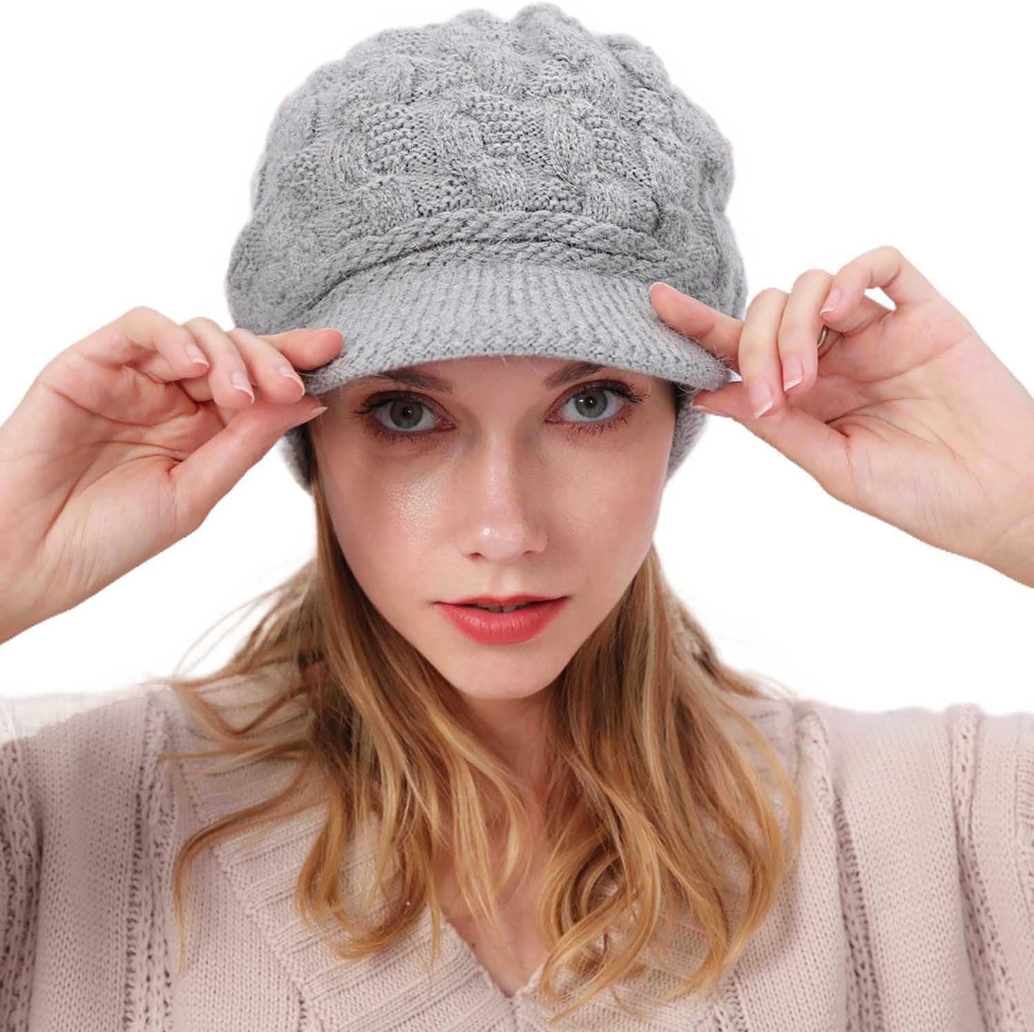 Winter Hats Knitted Beanie Hat with Visor Slouchy Skull Hat Warm Beanie Cap Headwear for Women - Image 5
