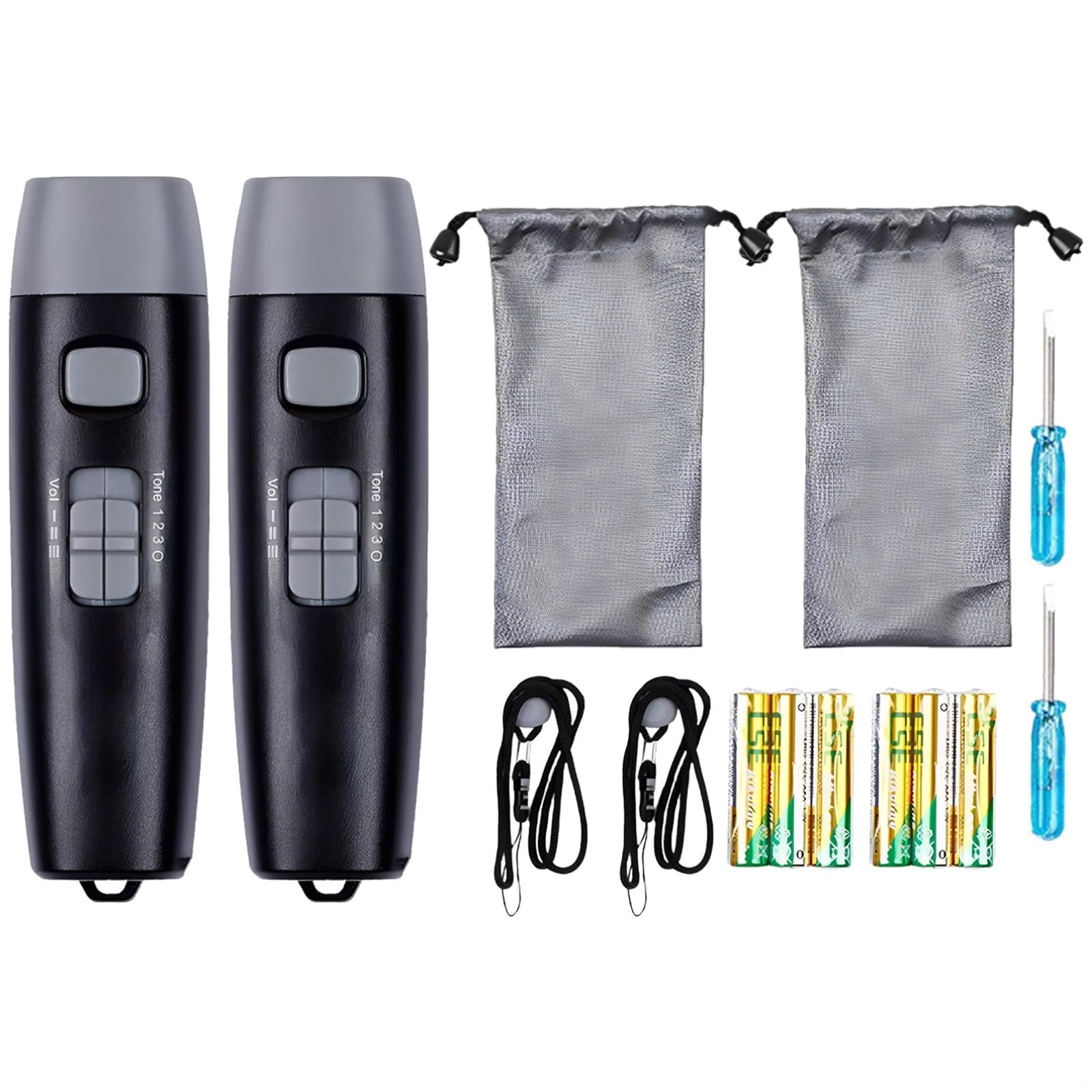 Lot de 2 sifflets électroniques avec volume réglable, 3 tons, cordon, piles, tournevis, sac de rangement pour arbitre d'entraînement sportif