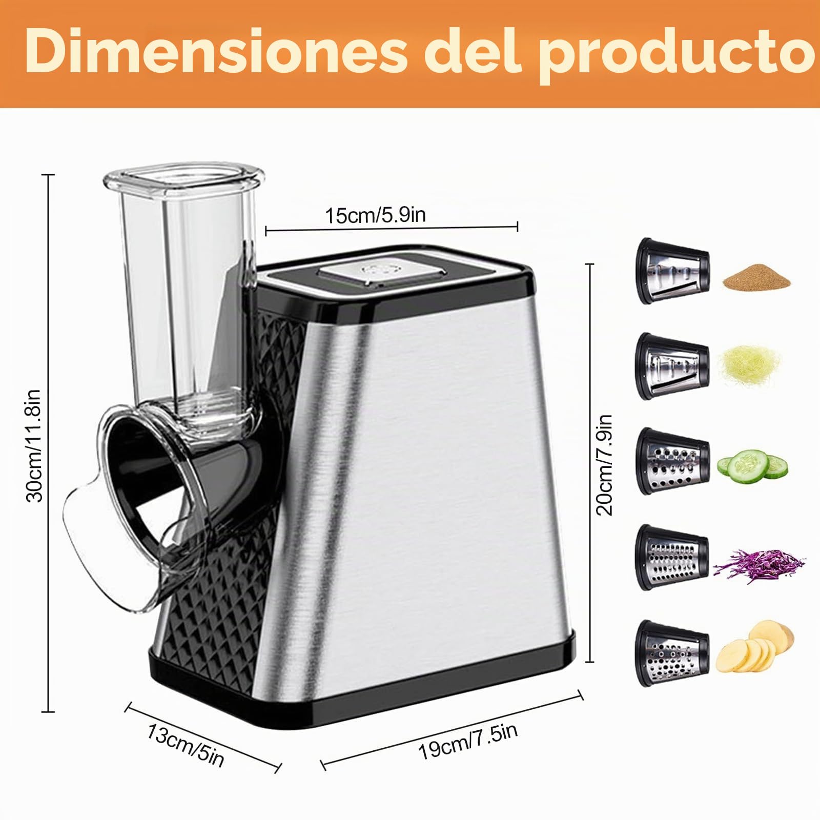 Cortador de Verduras Eléctrico 5-en-1, 500W Rallador Eléctrico con 5 Cuchillas de Acero Inoxidable para Queso, Verduras, Frutas – Rallador de Cocina Eléctrico y Cortador de Verduras