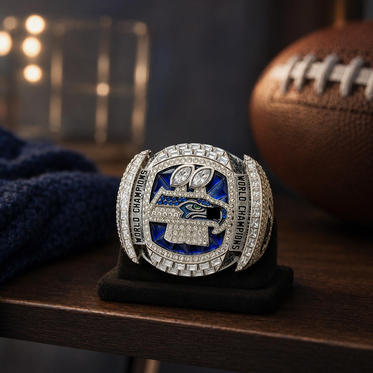2026 Seahawks Meisterschaftsring Replik mit Box und Halskette | Abnehmbarer in US-Größe 11 Metall American Football Champion Ring, Fan-Geschenk, Sammlerstück und Erinnerungsstück