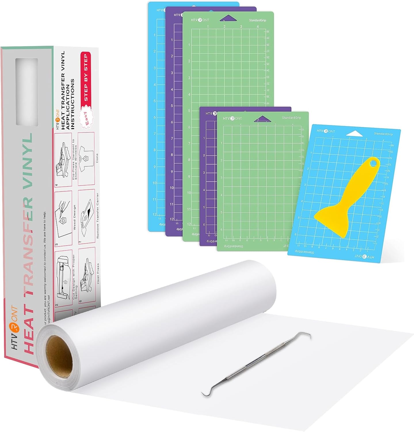 HTVRONT 12" x 20ft Heat Transfer Vinyl White HTV Rolls & 3 Pack 4.5X12in & 3 Pcs 4.5X6.5in Cutting Mat for Cricut Joy Machine
