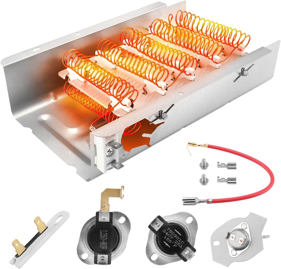 For Admiral AED4675YQ1, Whirlpool LER4634JQ0, WED5000DW2, LER4634PQ0, WED5300VW0, Maytag MEDC300XW0, MEDC215EW1,Crosley VED6505GW0, Estate EED4300TQ0 Dryer Heating Element Kit Replacement.