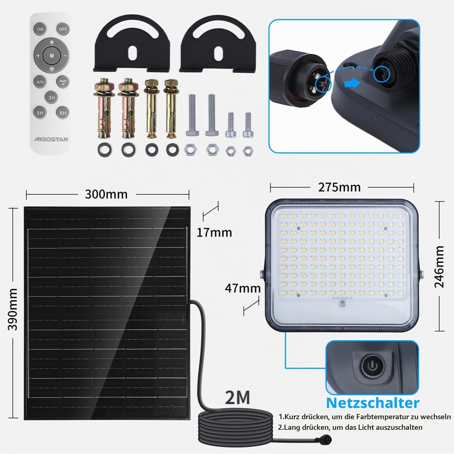 Aigostar Solar LED Strahler Außen mit Großer Solarpanel,Dimmbar 3000K/4500K/6500K,16000mAH,Großer Batteriekapazität,Solarlampen für Außen Garten,IP66 Wasserfest, LED Flutlichter mit Fernbedienung