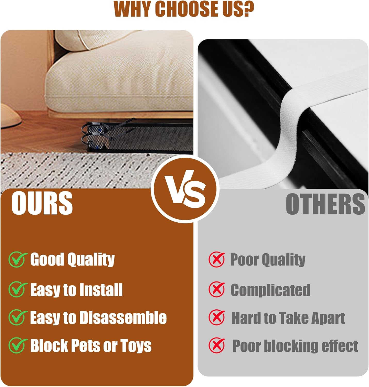 Under Couch Blocker, Under Sofa Blocker for Pets, Toy Blocker for Couch, Under Furniture Blocker with 6 Hook and Loops, Couch Accessories, 4“ X 32.8FT(Black)