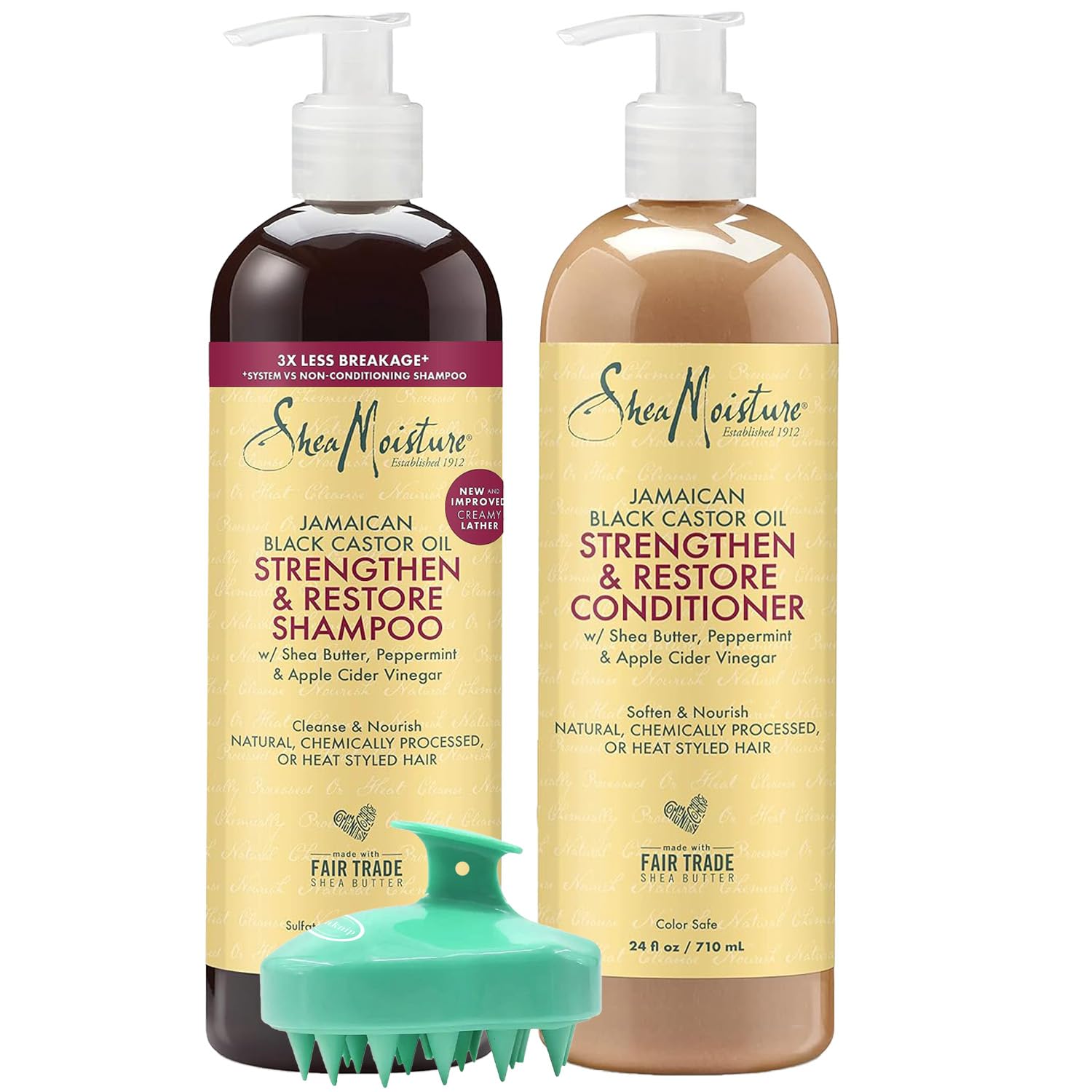 Shea Moisture Shampoo and Conditioner Set - 24 Fl oz. Ea. - Jamaican Black Castor Oil Strengthen & Restore with Shea Butter, Peppermint & Apple Cider Vinegar, Bundled with Peaknip Scalp Massager Brush