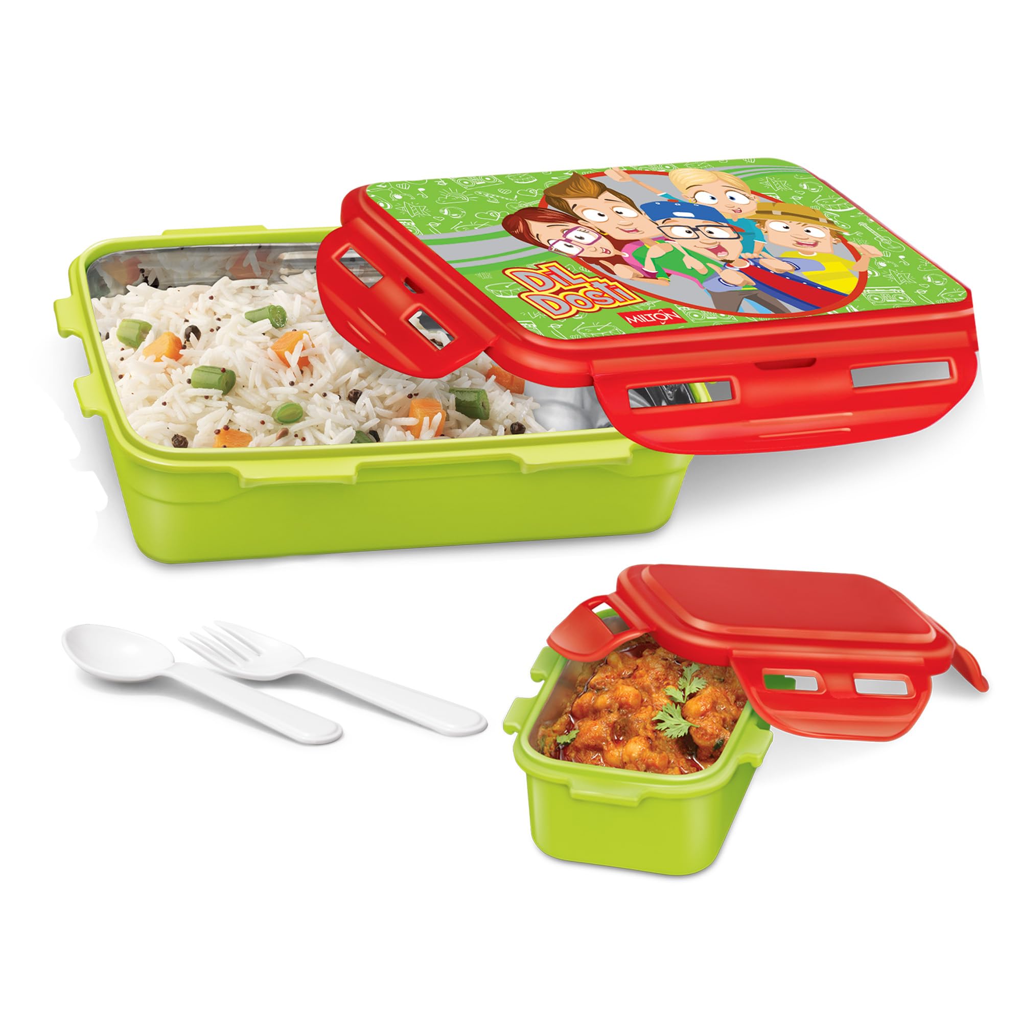 MILTON Mini Fun Treat Lunch Box, Inner Stainless Steel School Kids Tiffin 650 ml, Leak Proof and Airtight Containers with Plastic Spoons, Green-image-26