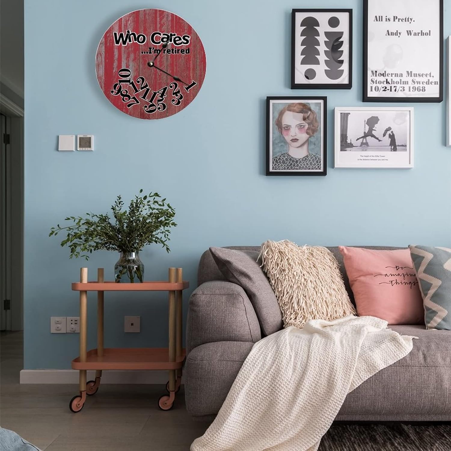 Who Cares I'm Retired Red Wood Round Wooden Wall Clock Silent Non-Ticking for Living Room Bedroom Office Kitchen Home Decorate Wall Clock15x15in