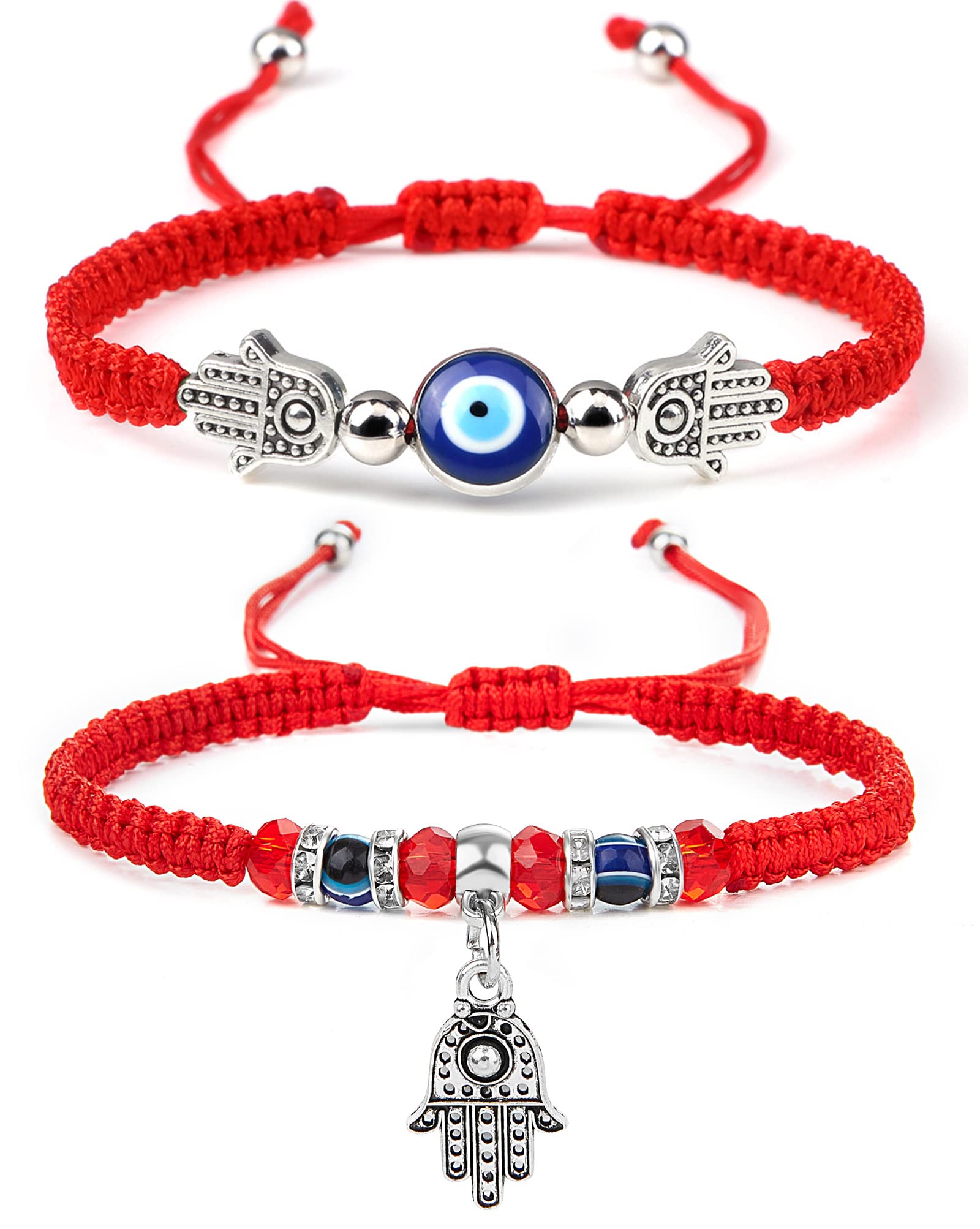Fesciory Evil Eye Bracelets for Women, 2Pcs Adjustable Red String, 7 Knots Braided Lucky Thread, Hamsa Hand Amulet Bracelets for Men Women Jewelry Gifts