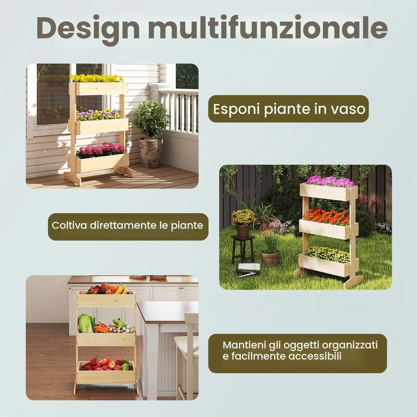 HOMASIS Orto Rialzato da Esterno a Tre Livelli, Fioriera Rialzata a Scala in Legno di Pino con Foro di Drenaggio, Vaso Regolabile per Fiori e Verdure da Giardino, 69 x 39 x 109 cm, Naturale