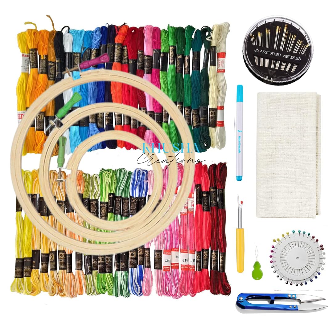 KHUSHA CREATIONS Embroidery Kit for Beginners, 50 Colour Threads(25 Single Shade, 25 Double Shade), 3 Wooden Hoops, Cloth, Complete Tool Set-picture-20