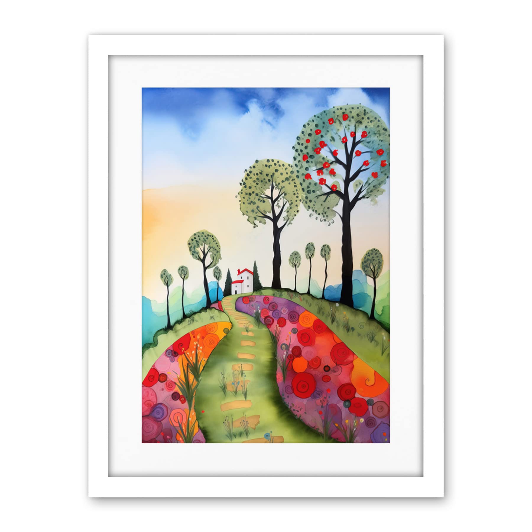 Artery8 Countryside House Path With Flowerbeds Folk Art Landscape Watercolour Painting Artwork Framed Wall Art Print 18X24 Inch