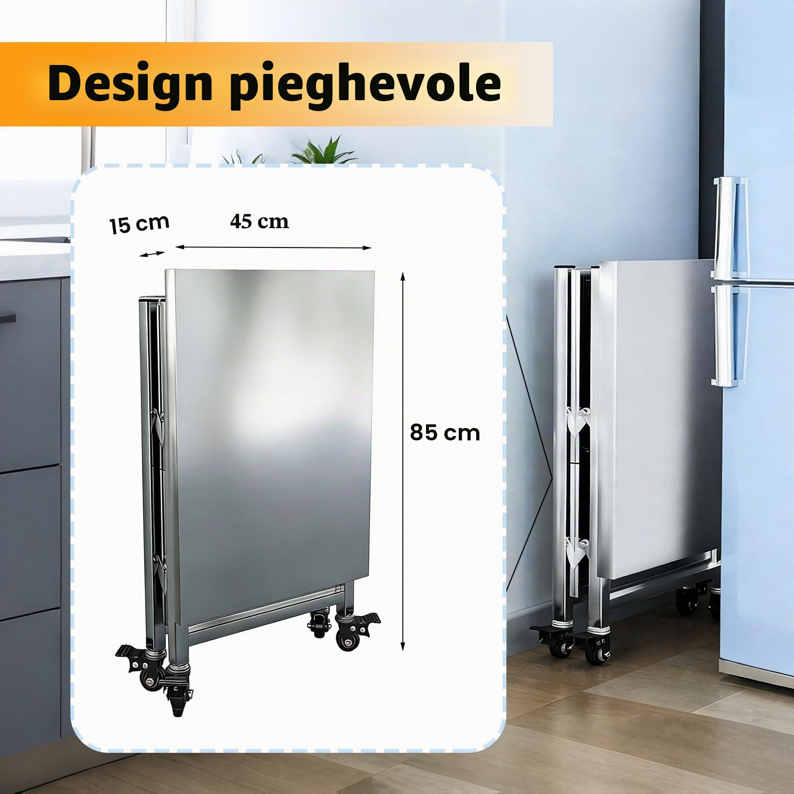 Carrello da Cucina, Mobiletto Carrelli da Portata 3 Ripiani Scaffale Microonde Metallo, 60x45x80cm Ripiegabile Scaffalatura Portaoggetti Servizio su Ruote per Ristorante Ufficio, Argento