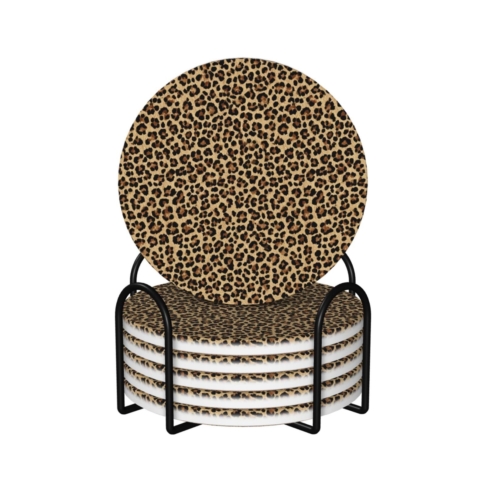 Leopard Print Pattern Dark Brown Ceramic Coasters with Holder 6ps
