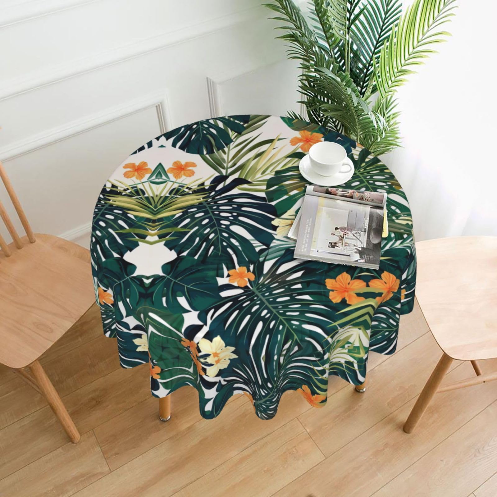 YYHWHJDE Tropical Summer Hawaiian Flower Palm Leaves Prints Round Decorative Tablecloth 60in - High-Grade Polyester Throw for Elegant Dining & Festive Gatherings