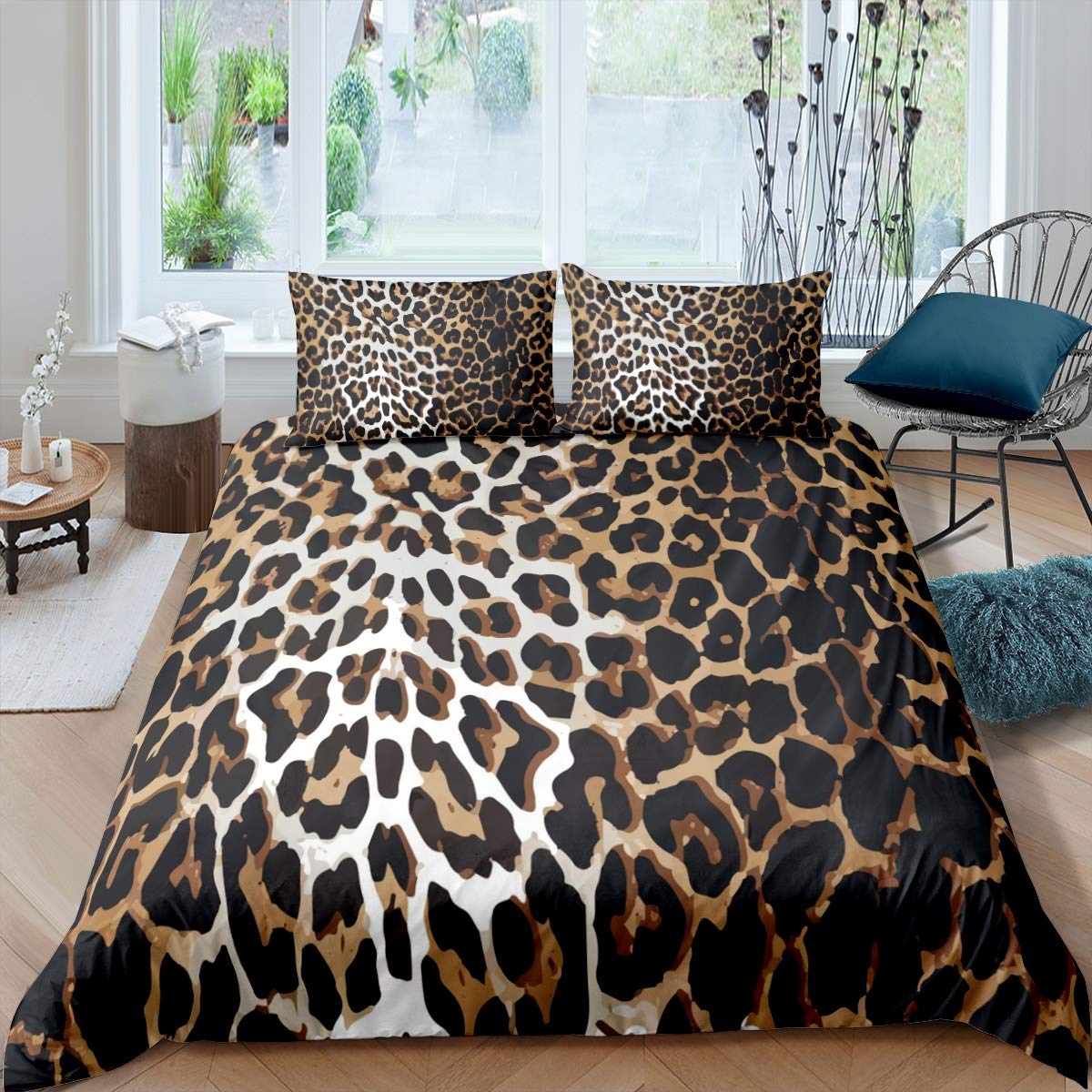 Loussiesd Frauen Chic Leopardenmuster Bettbezug Set Luxus Gepardenmuster Betten Set für Mädchen Erwachsene Wildtier Thema Bettwäsche Set 135x200cm Braun Wildlife Stil Bettwäsche